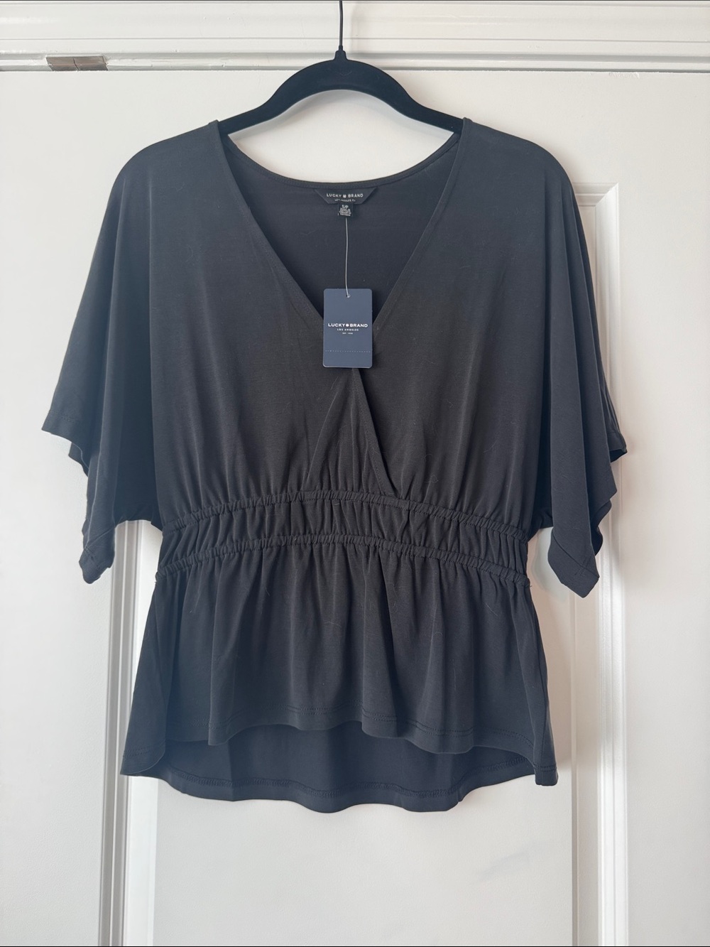 Lucky Brand Black V-Neck Smocked-Waist Flutter Sleeve Top